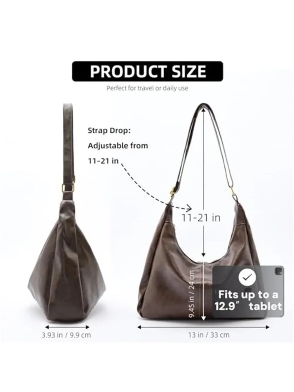 Women's Slouchy Hobo Shoulder Bag Vegan Leather Crossbody Purse Foldable Tote